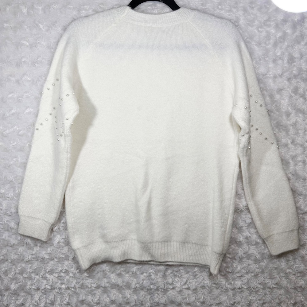 SASA Fashion Womens L White Pearl Embellished Chevron Knit Crewneck Sweater - Picture 2 of 8
